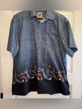 Yiume Shirt Mens XL Koi Waves Multicolor Cotton Short Sleeve Hawaiian Button Up